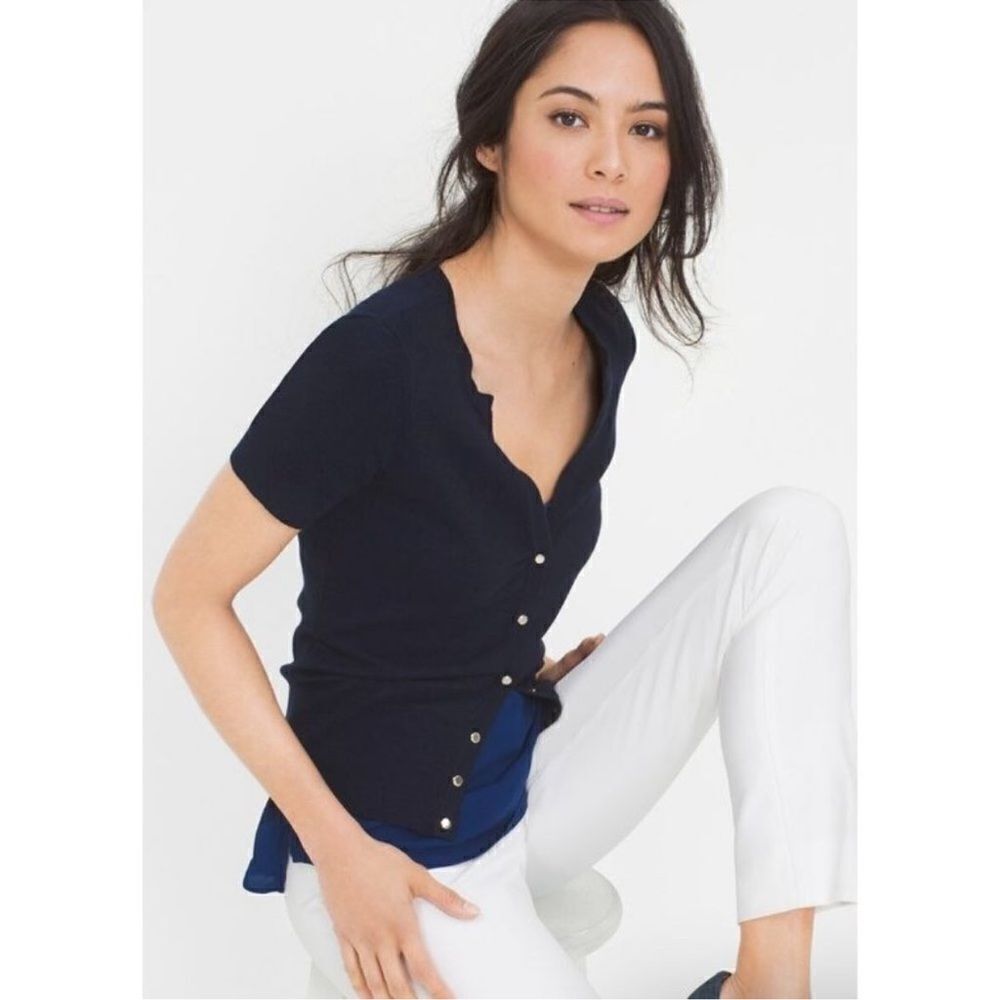 WHBM L Midnight Blue Knit Short Sleeve Snap Front Cardigan